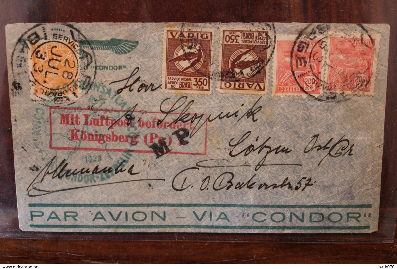 Brasil 1933 Zeppelin Via Condor BAGE Lötzen Giżycko Cover Air Mail Varig Mit Luftpost Befördert Königsberg Flugpost MP - Zeppelins