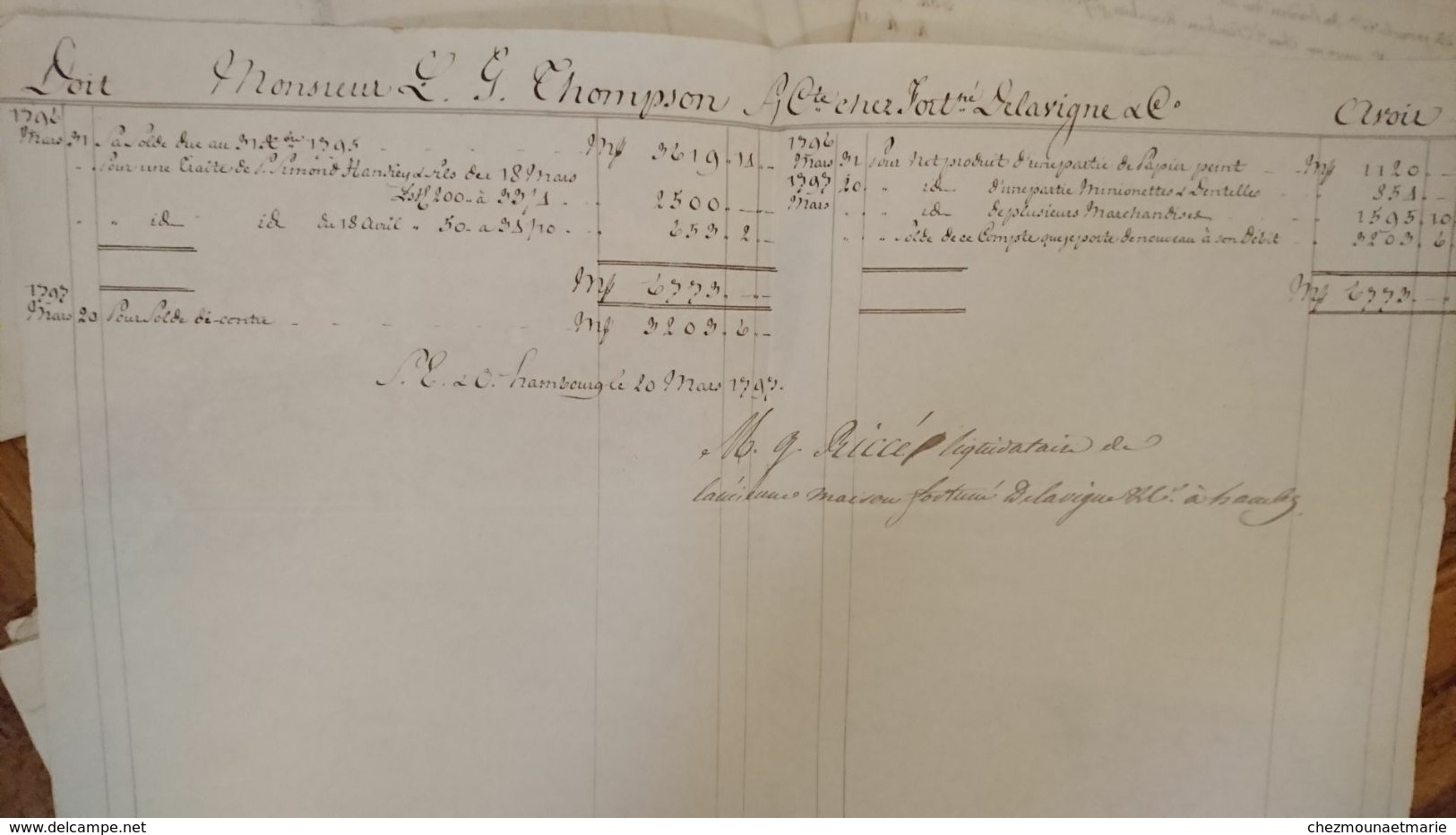 NAVIRES NEPTUNE VICTOIRE FORT DE PAIX CAMILLE CASIMIR - L.G. THOMPSON 1794-1795-1797 COMPTE CHEZ DELAVIGNE HAMBOURG