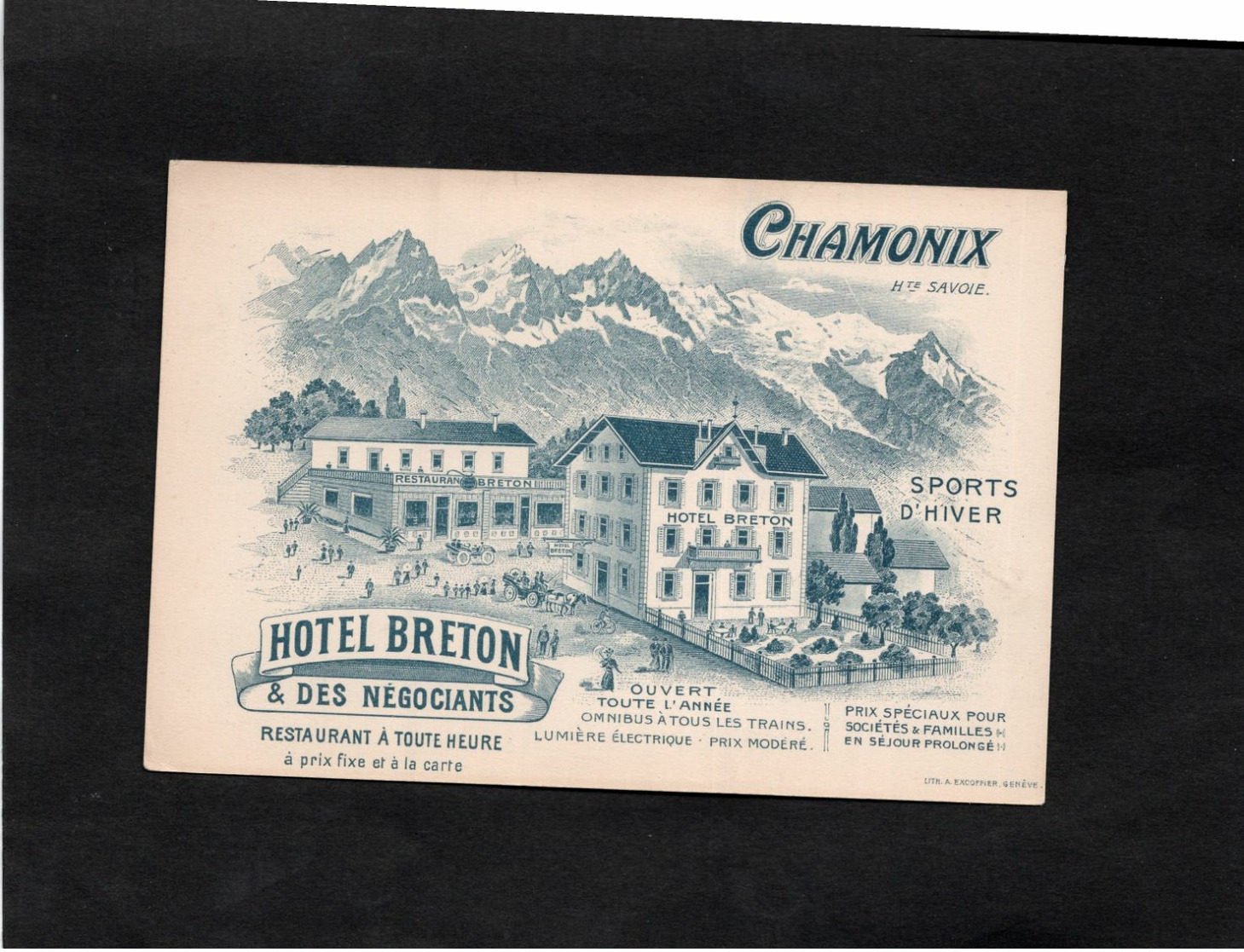 Carte Publicitaire Illustrée - CHAMONIX - HOTEL BRETON & DES NEGOCIANTS - SPORTS D'HIVER - Chamonix-Mont-Blanc