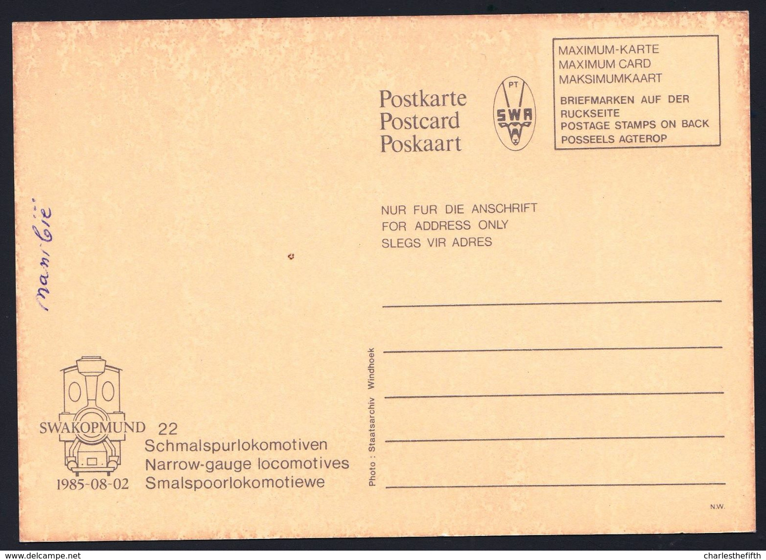 SOUTH WEST AFRICA - NAMIBIE - SOUTH AFRICA - SWAKOPMUND MAXIMUM CARD 1985 - LOCOMOTIVE - Lettres & Documents