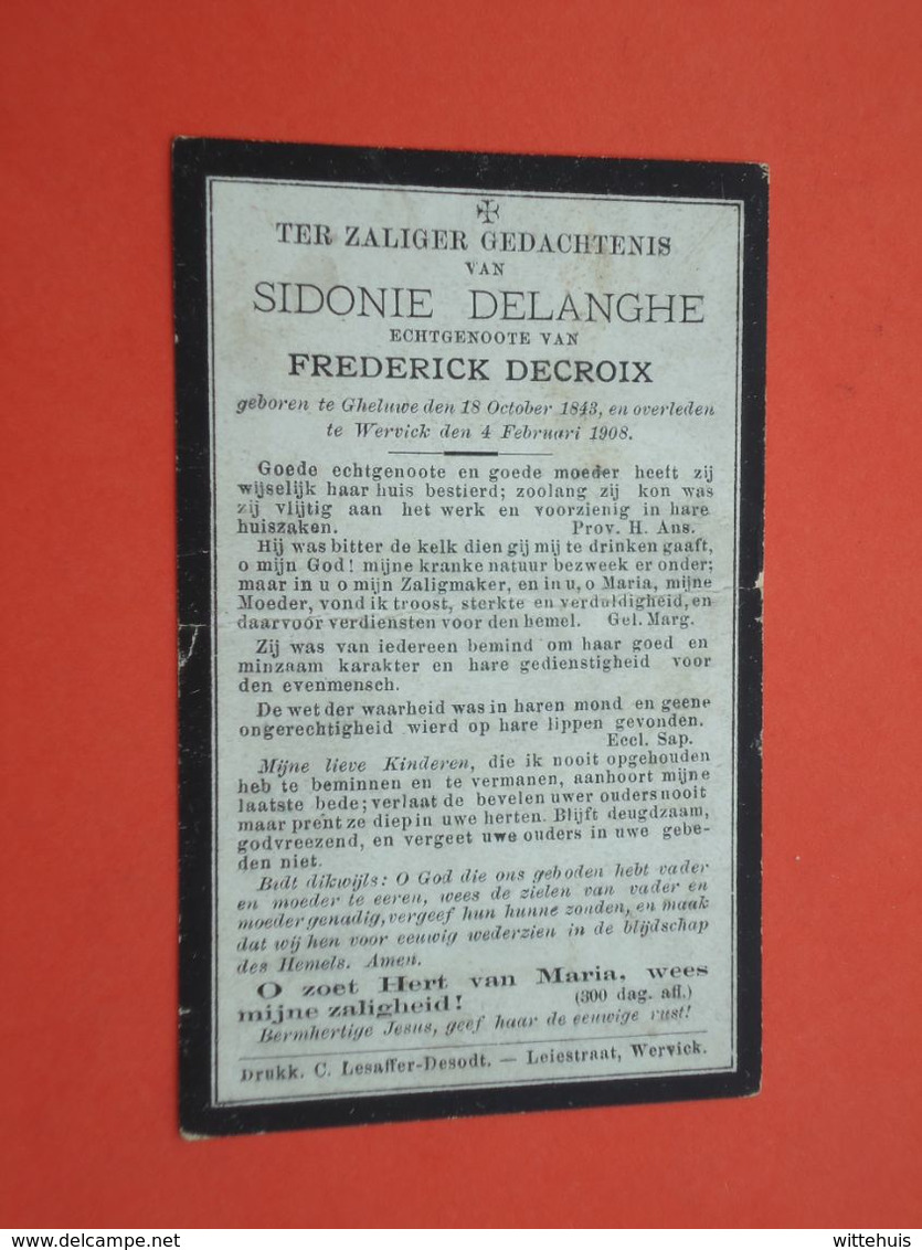 Sidonie Delanghe - Decroix Geboren Te  Gheluwe 1843 En Overleden Wervick   1908     (2scans) - Religion & Esotérisme