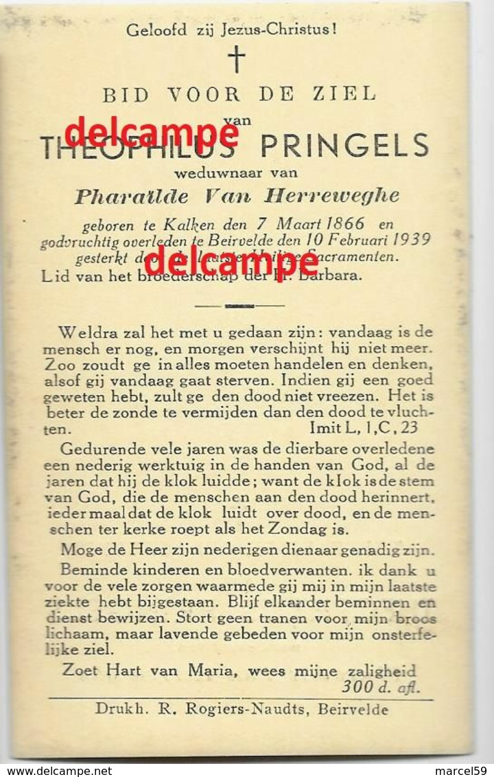 Doodsprentje Theophilus Pringels Kalken 1866 En Overleden Te Beervelde Feb 1939 Van Herreweghe - Devotion Images