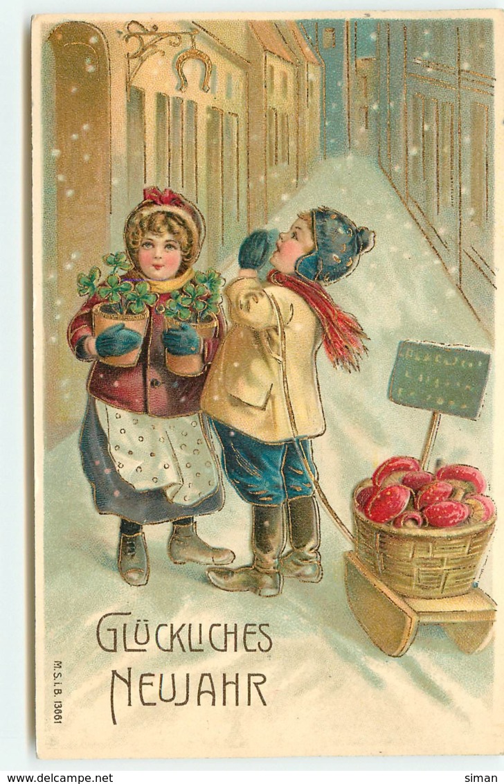 N°15862 - Carte Gaufrée - Glückliches Neujahr - Enfants Apportant Des Champignons - Neujahr