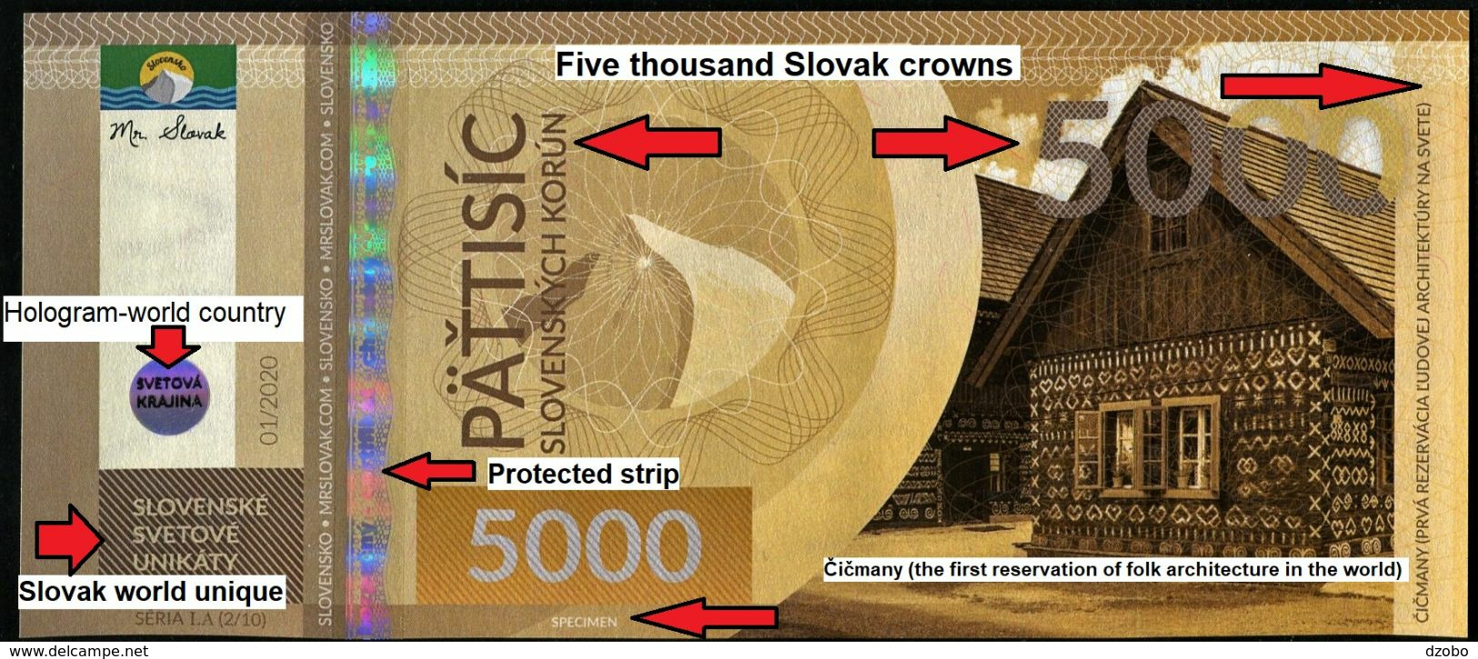 03. SLOVAKIA-FANTASY Note ČIČMANY Slovak World Unique Specimen 5000 Sk No 2/10 UNC 200 Pcs 01/2020 - Fictifs & Spécimens
