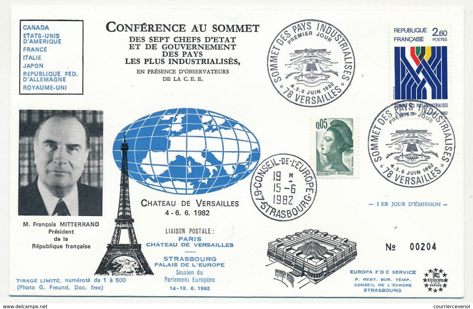 FRANCE => 2 Env. Obl "Sommet Des Pays Industrialisés - VERSAILLES - 4/6/1982" => Conseil De L'Europe - Illust Mitterrand - Cartas & Documentos