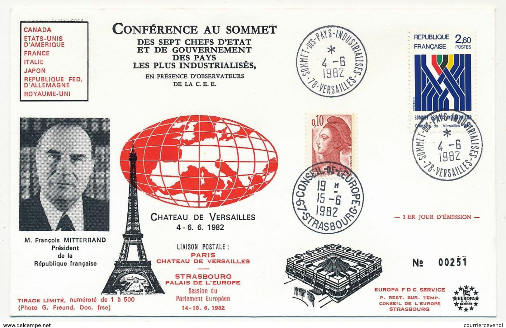 FRANCE => 2 Env. Obl "Sommet Des Pays Industrialisés - VERSAILLES - 4/6/1982" => Conseil De L'Europe - Illust Mitterrand - Brieven En Documenten