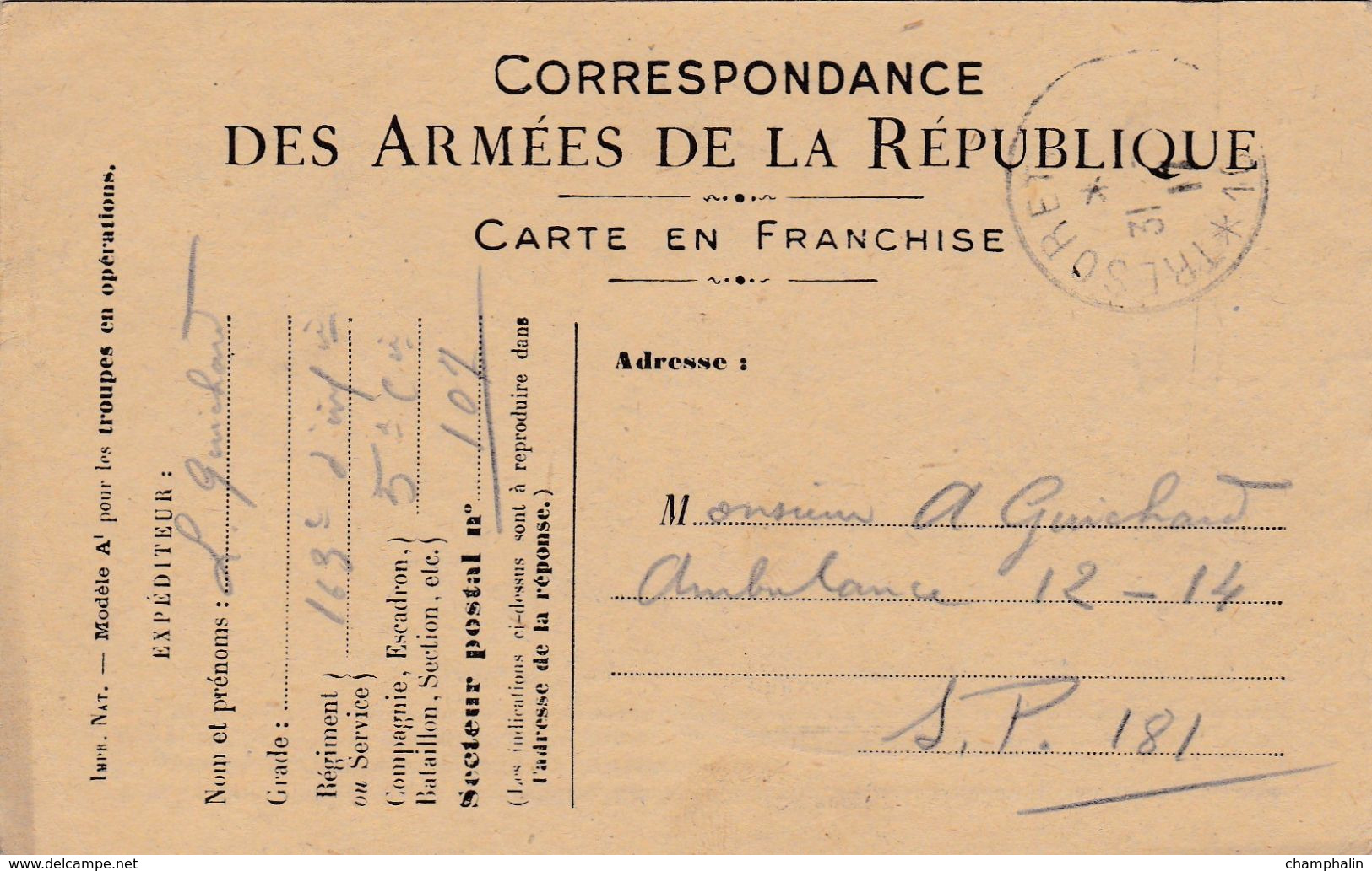 Carte De Correspondance Des Armées - 31 Juillet 1917 - 163ème Régiment Infanterie Pour Ambulance 12-14 - SP N°107 & 181 - Guerra De 1914-18