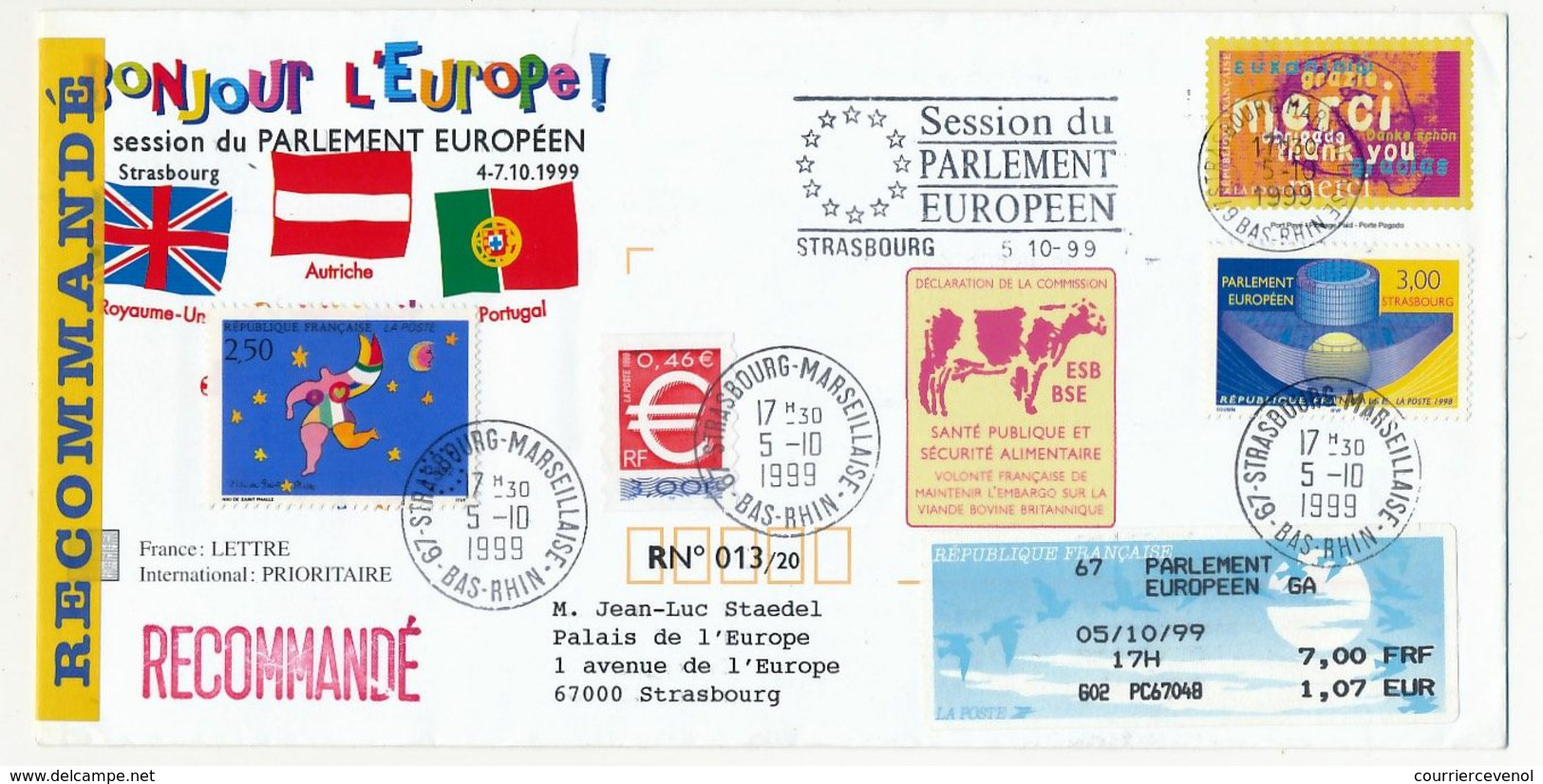 FRANCE => Entier "MERCI" Repiquage "Bonjour L'Europe" - Session Du Parlement 5/10/1999 + Vignette Santé Publique - Enveloppes Repiquages (avant 1995)