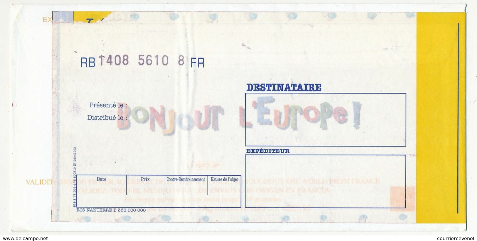 FRANCE => Entier "MERCI" Repiquage "Bonjour L'Europe" - Session Du Parlement 5/10/1999 + Vignette Santé Publique - Enveloppes Repiquages (avant 1995)