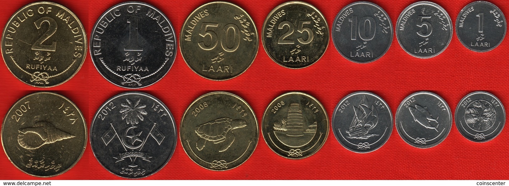 Maldives Set Of 7 Coins: 1 Laari - 2 Rufiyaa 2007-2012 UNC - Maldives