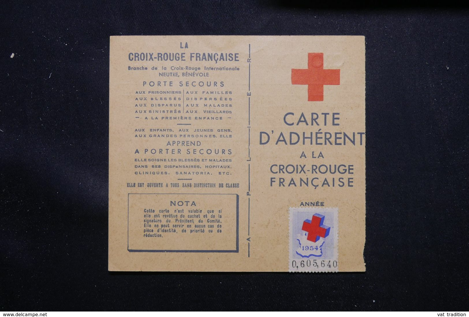 FRANCE - Vignette Croix Rouge Sur Carte D'Adhérent En 1954 - L 71544 - Croix Rouge