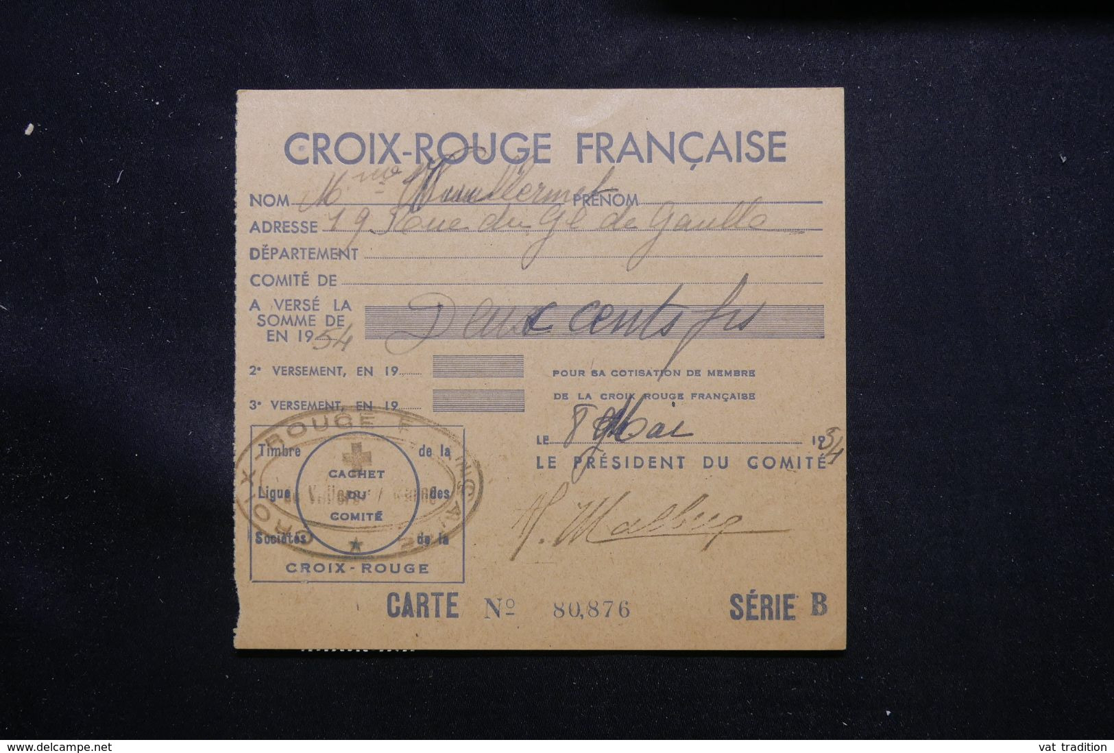FRANCE - Vignette Croix Rouge Sur Carte D'Adhérent En 1954 - L 71544 - Croce Rossa