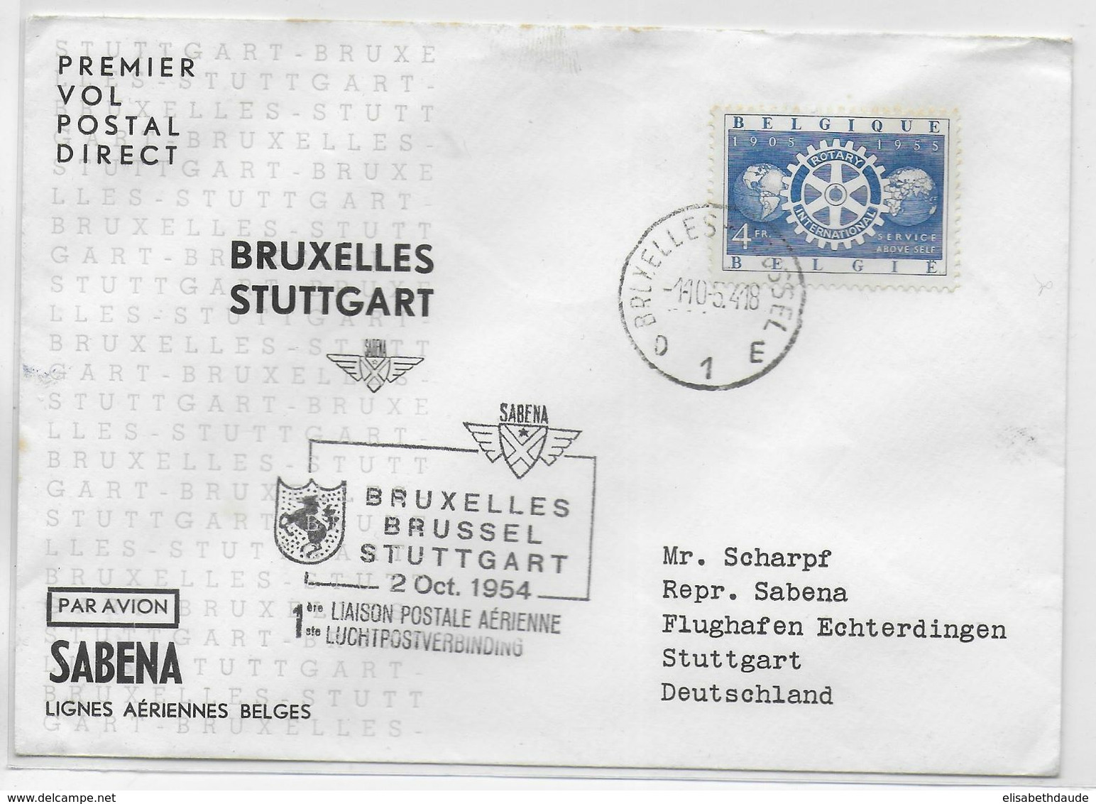 1954 - ENVELOPPE 1° LIAISON POSTALE DIRECTE Par SABENA De BRUXELLES => STUTTGART - Autres & Non Classés