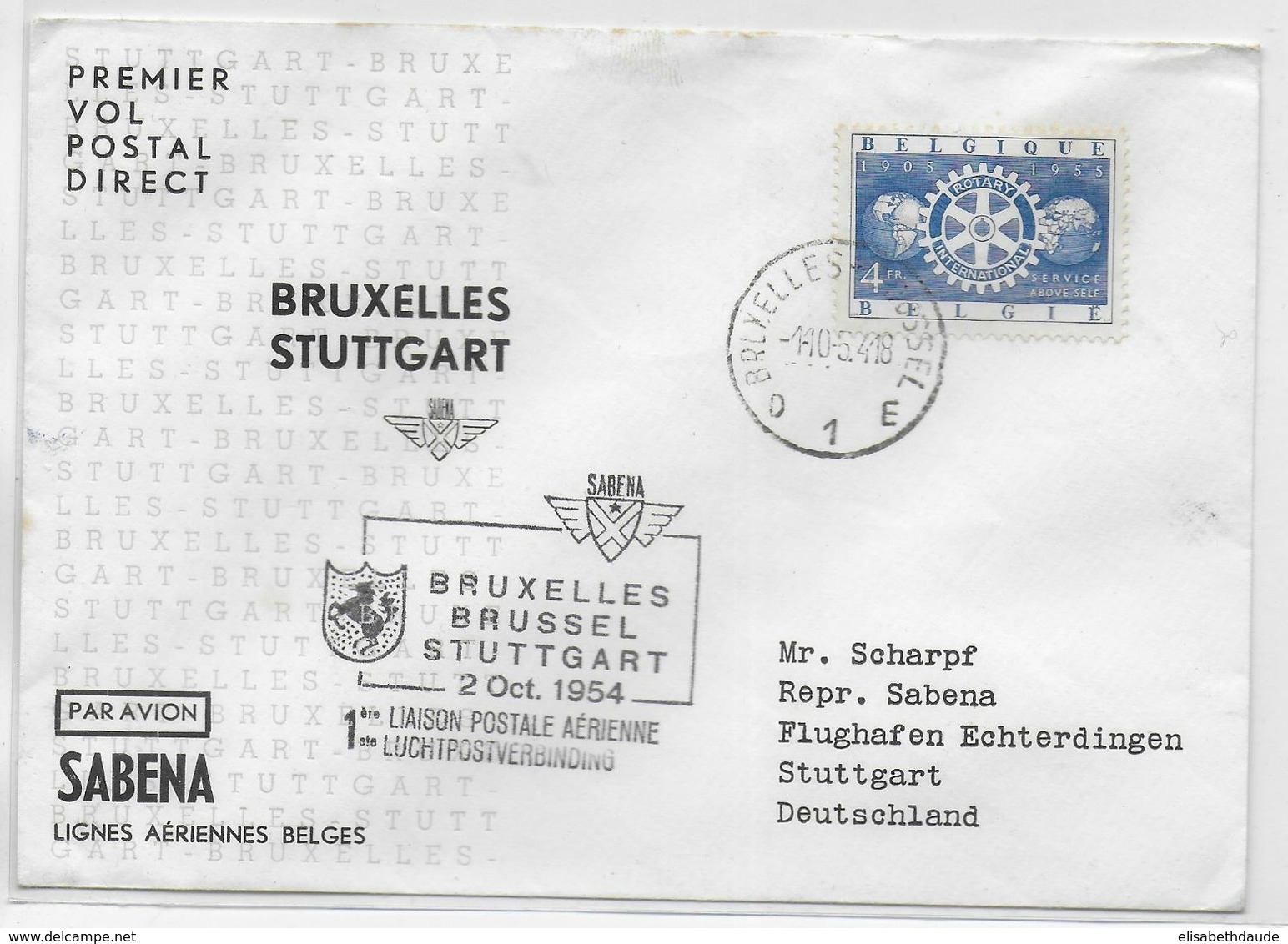 1954 - ENVELOPPE 1° LIAISON POSTALE DIRECTE Par SABENA De BRUXELLES => STUTTGART - Otros & Sin Clasificación