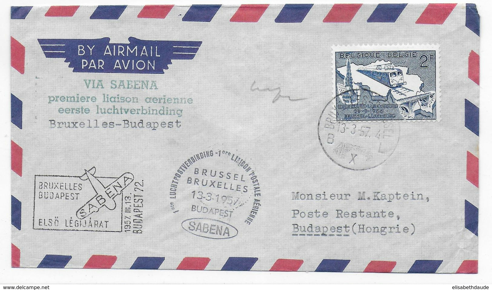 1957 - ENVELOPPE 1° LIAISON AERIENNE Par SABENA De BRUXELLES => BUDAPEST (HONGRIE) - Other & Unclassified