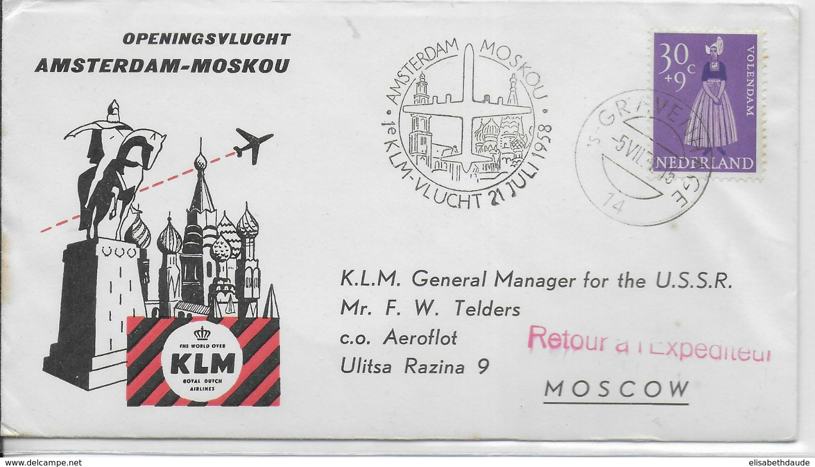 1958 - ENVELOPPE 1° LIAISON AERIENNE Par KLM De AMSTERDAM (NEDERLAND) => MOSCOU (URSS) - Luchtpost