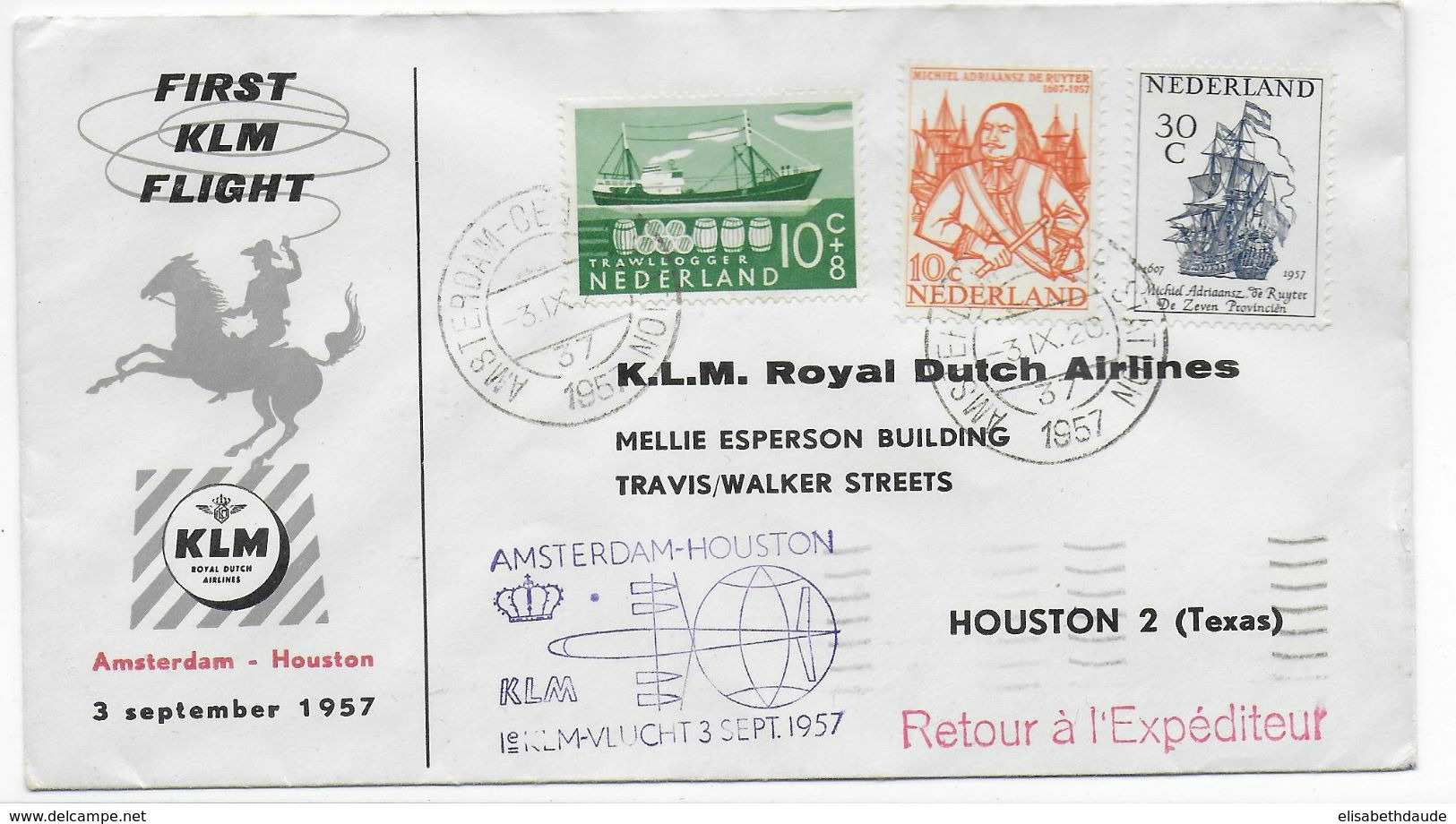 1957 - ENVELOPPE 1° LIAISON AERIENNE Par KLM De AMSTERDAM (NEDERLAND) => HOUSTON (TEXAS) - Poste Aérienne