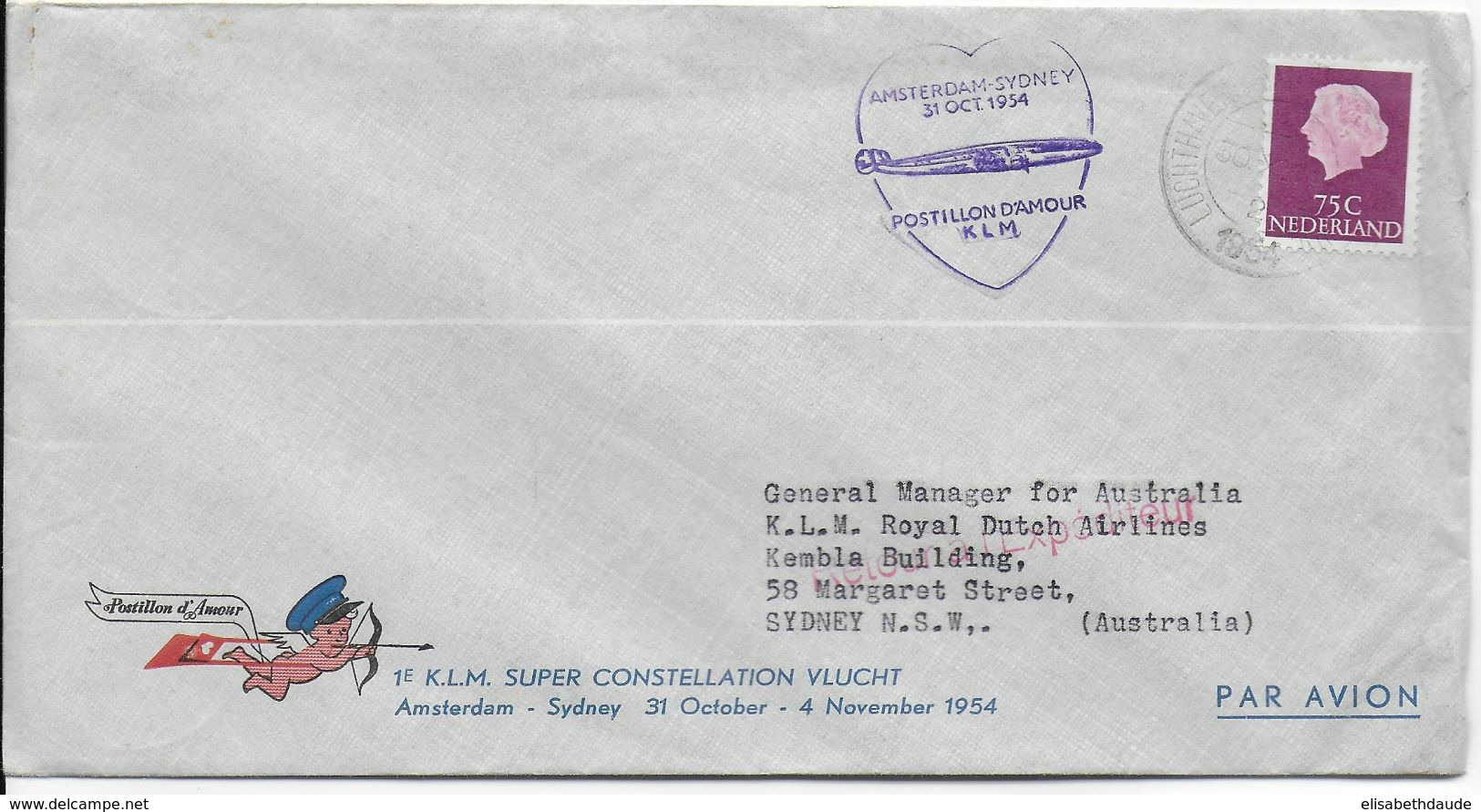 1954 - ENVELOPPE 1° LIAISON AERIENNE Par KLM SUPER CONSTELLATION De AMSTERDAM (NEDERLAND) => SYDNEY (AUSTRALIA) - Poste Aérienne