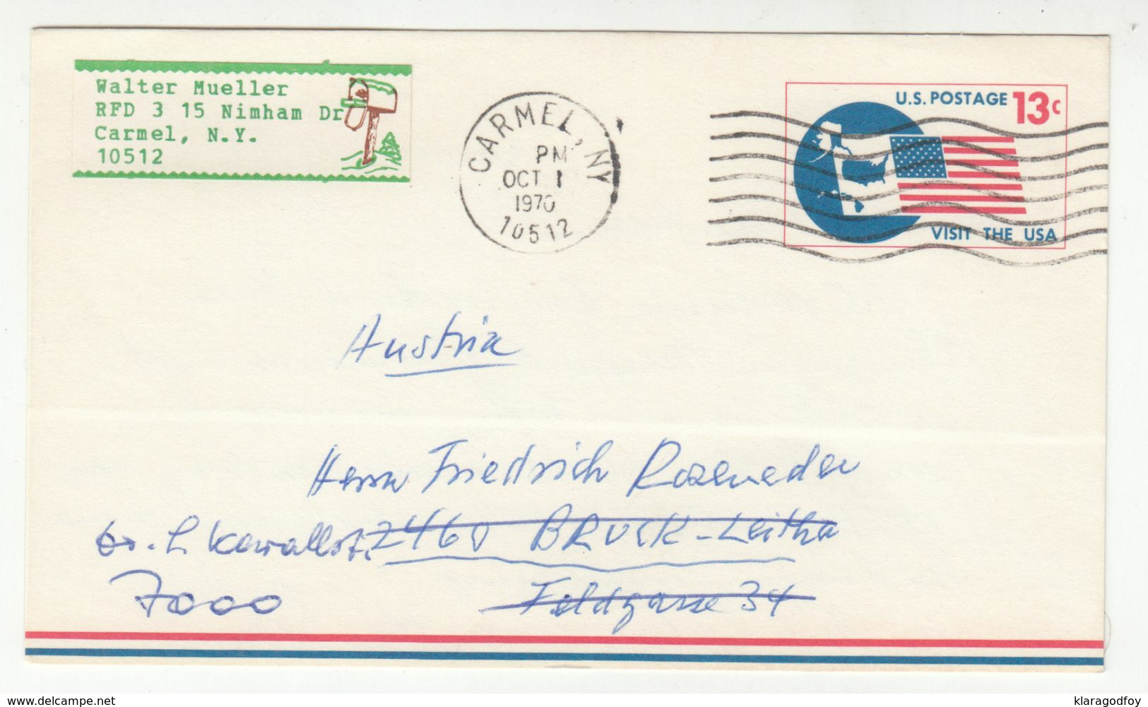 US Postal Stationery Postal Card Posted 1970 Carmel, NY Pmk B200901 - 1961-80