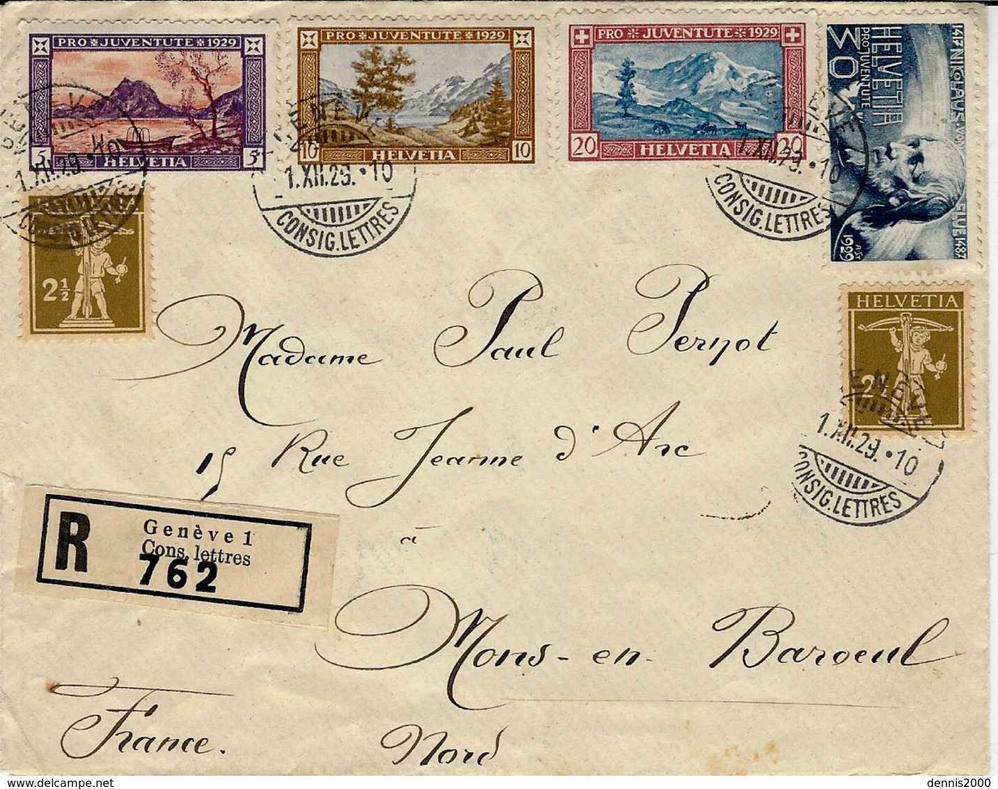 1929- Enveloppe RECC. De Genève  Affr. Composé à 70 C.  Pour La France - Cartas & Documentos