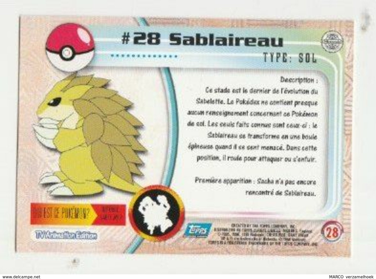 Pokémon Gamefreak Nintendo Topps 1999 #28 Sablaireau - Altri & Non Classificati
