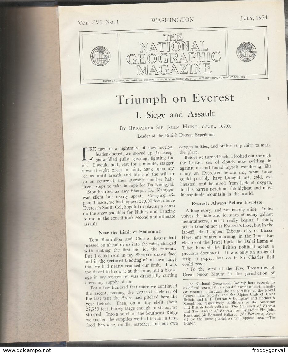 NATIONAL GEOGRAPHIC  YEAR 1954 IN 2 BOOKS  COMPLETELY BOUND WITH A CARDBOARD COVER .WITH THE CONQUEST OF THE EVEREST - Otros & Sin Clasificación