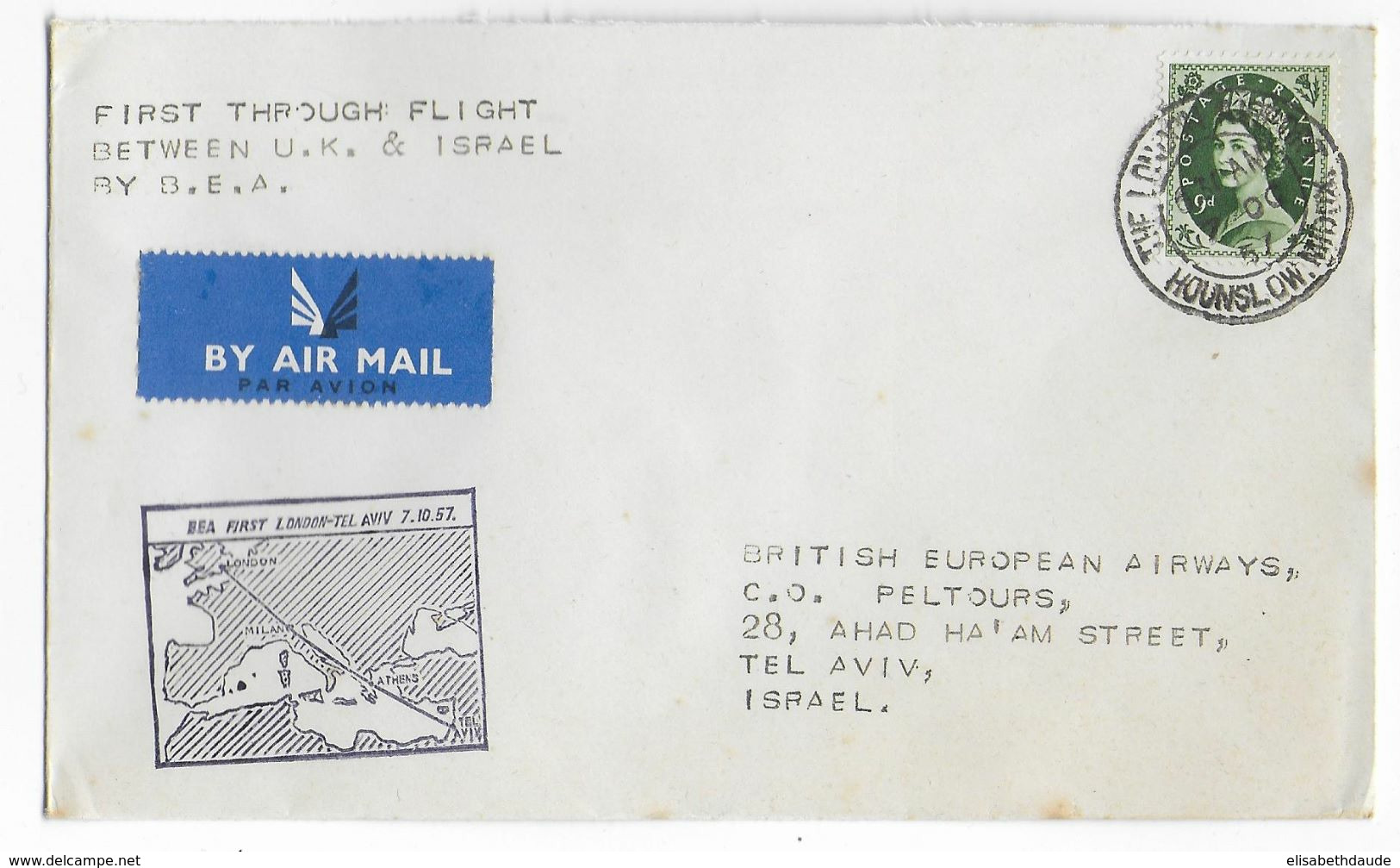 1957 - GB - ENVELOPPE 1° VOL BEA De LONDON => TEL AVIV (ISRAEL) - Covers & Documents