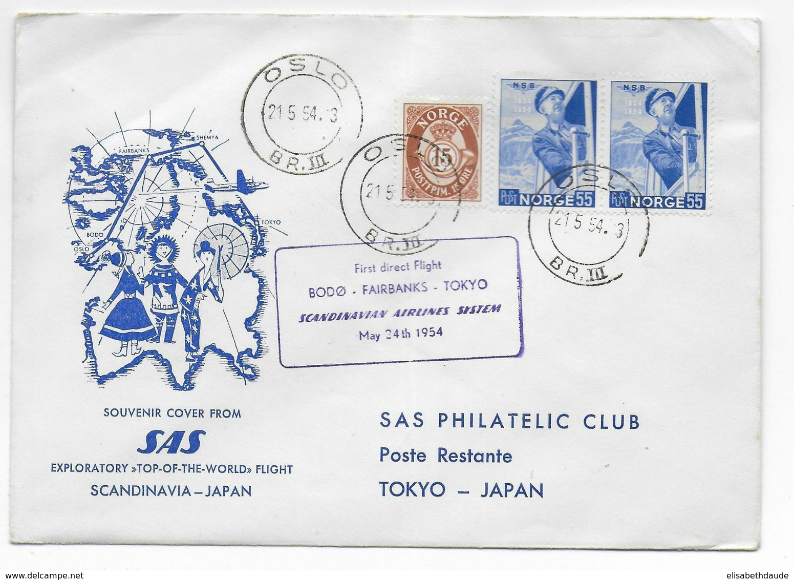 1954 - NORVEGE - ENVELOPPE 1° VOL SAS De OSLO / BODO / FAIRBANKS => TOKYO (JAPAN) - Briefe U. Dokumente