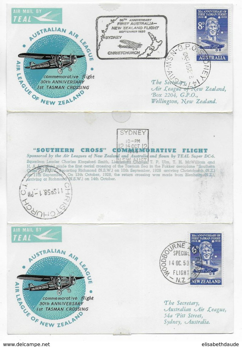 1958 - AUSTRALIA / NEW ZEALAND - CP 3 VOLETS ALLER Et RETOUR LIAISON AERIENNE WOODBOURNE AIR FORCE / SYDNEY / WELLINGTON - First Flight Covers