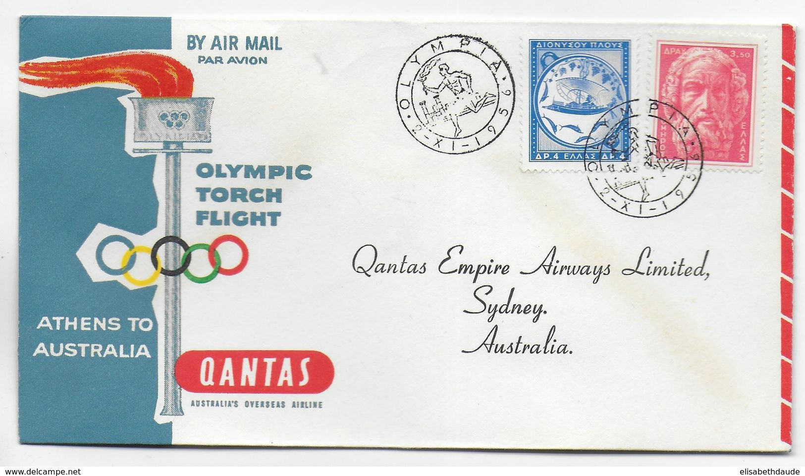 1956 - JEUX OLYMPIQUES De GRECE - ENVELOPPE LIAISON AERIENNE SPECIALE De ATHENES => SYDNEY (AUSTRALIA) - Covers & Documents