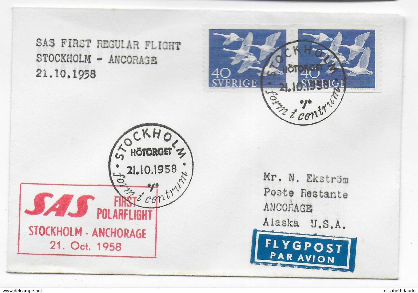 1958 - SUEDE - ENVELOPPE 1° LIAISON AERIENNE POLAIRE ! SAS De STOCKHOLM => ALASKA (USA) - Brieven En Documenten