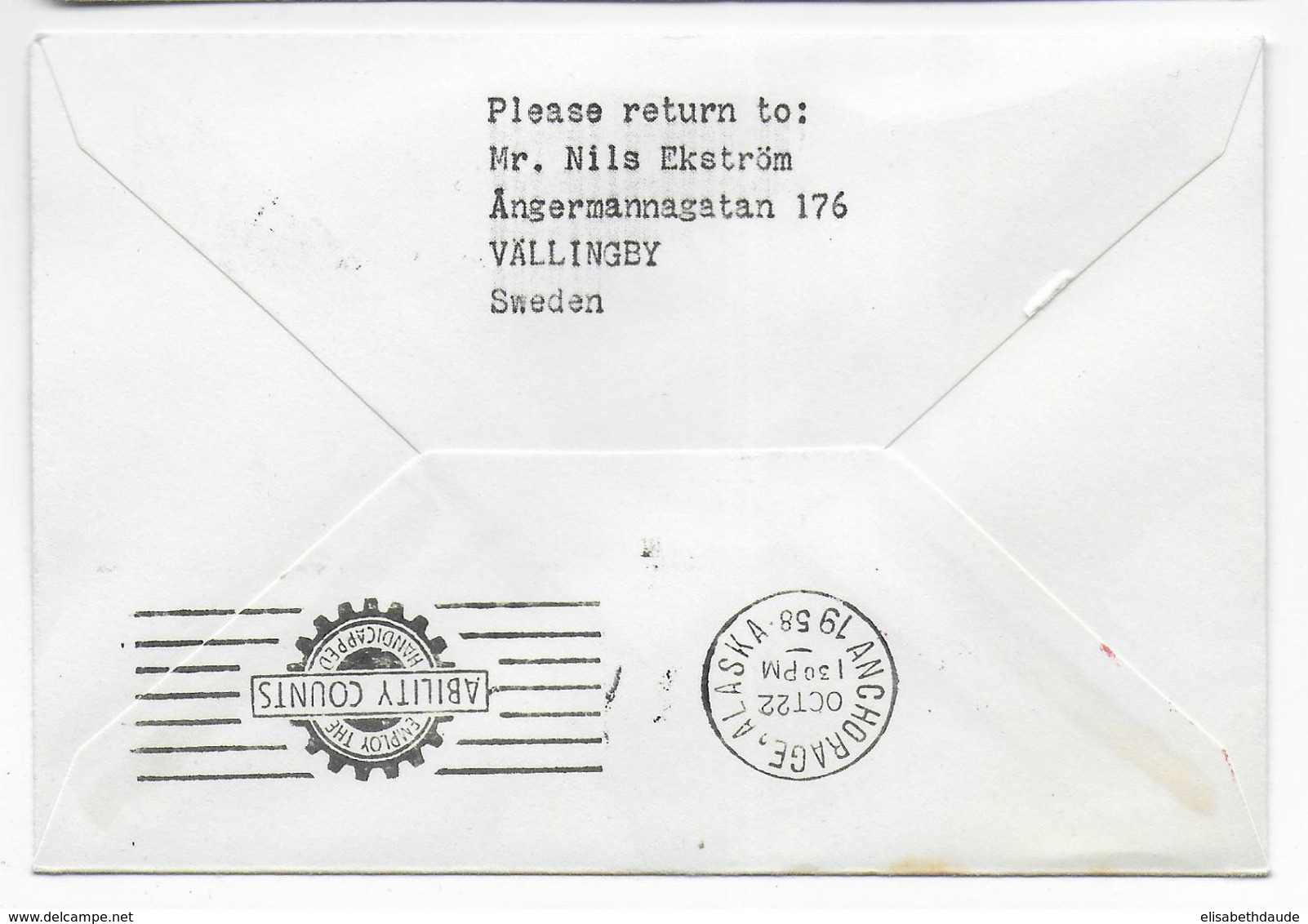 1958 - SUEDE - ENVELOPPE 1° LIAISON AERIENNE POLAIRE ! SAS De STOCKHOLM => ALASKA (USA) - Covers & Documents