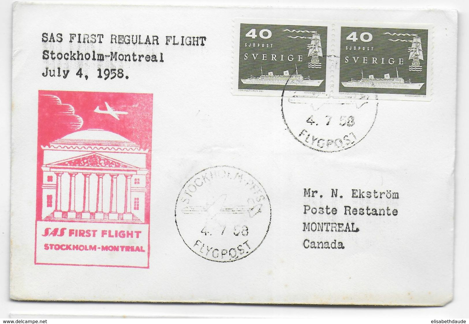 1958 - SUEDE - ENVELOPPE 1° LIAISON AERIENNE SAS De STOCKHOLM => MONTREAL (CANADA) - Storia Postale