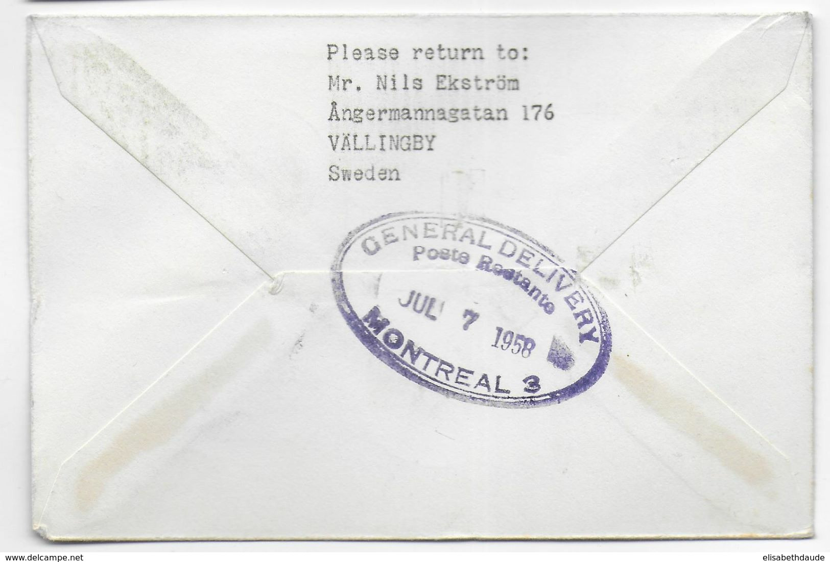 1958 - SUEDE - ENVELOPPE 1° LIAISON AERIENNE SAS De STOCKHOLM => MONTREAL (CANADA) - Lettres & Documents