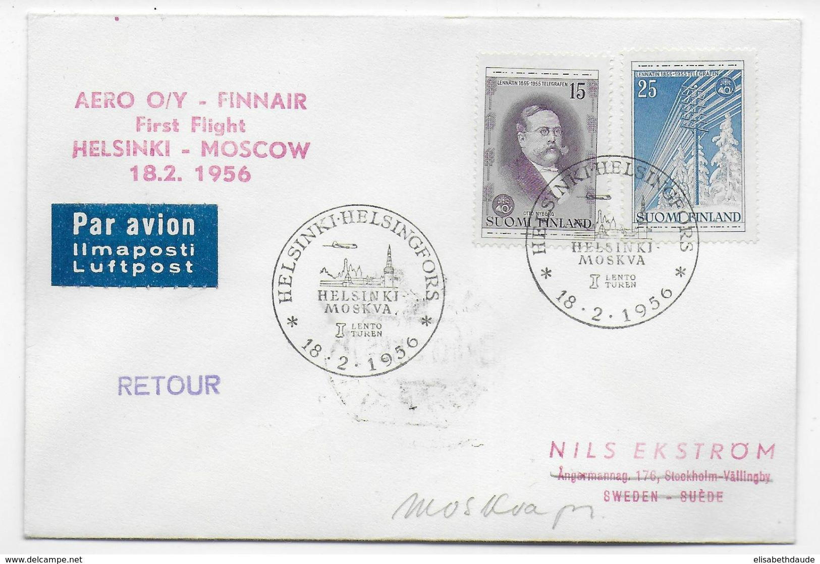 1956 - FINLANDE - ENVELOPPE 1° LIAISON AERIENNE FINNAIR De HELSINKI => MOSCOU - Covers & Documents