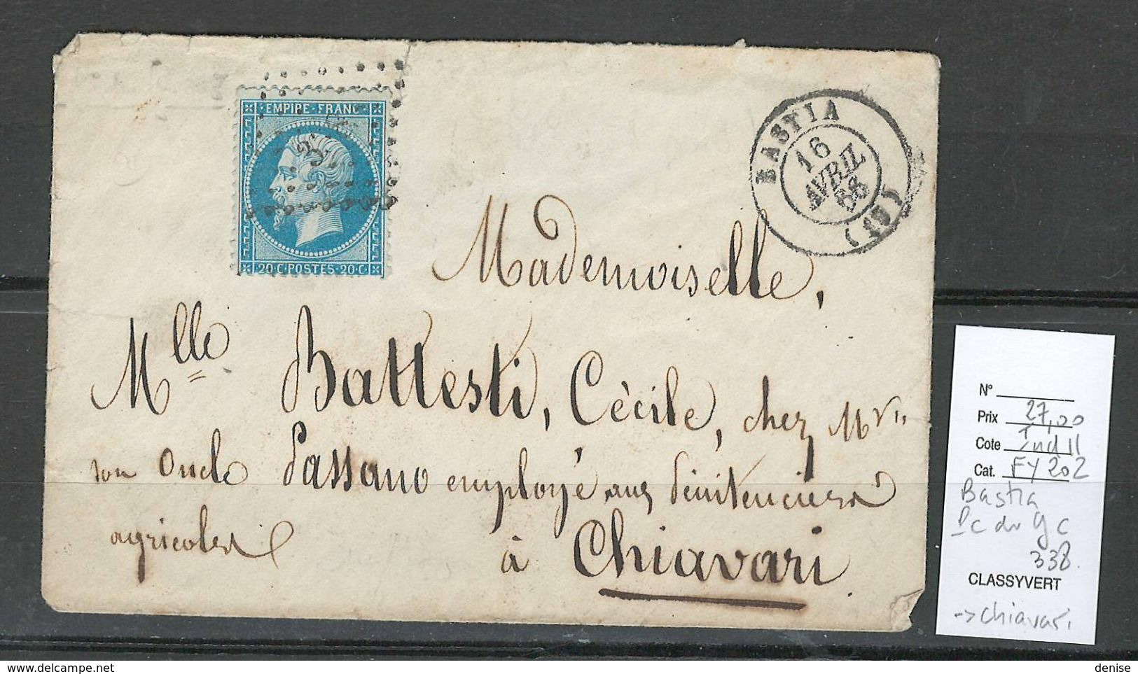 France -Lettre De BASTIA - Corse - 1866 - Petit Chiffre Du Gros Chiffre - 338 Pour Chiavari - 1849-1876: Classic Period