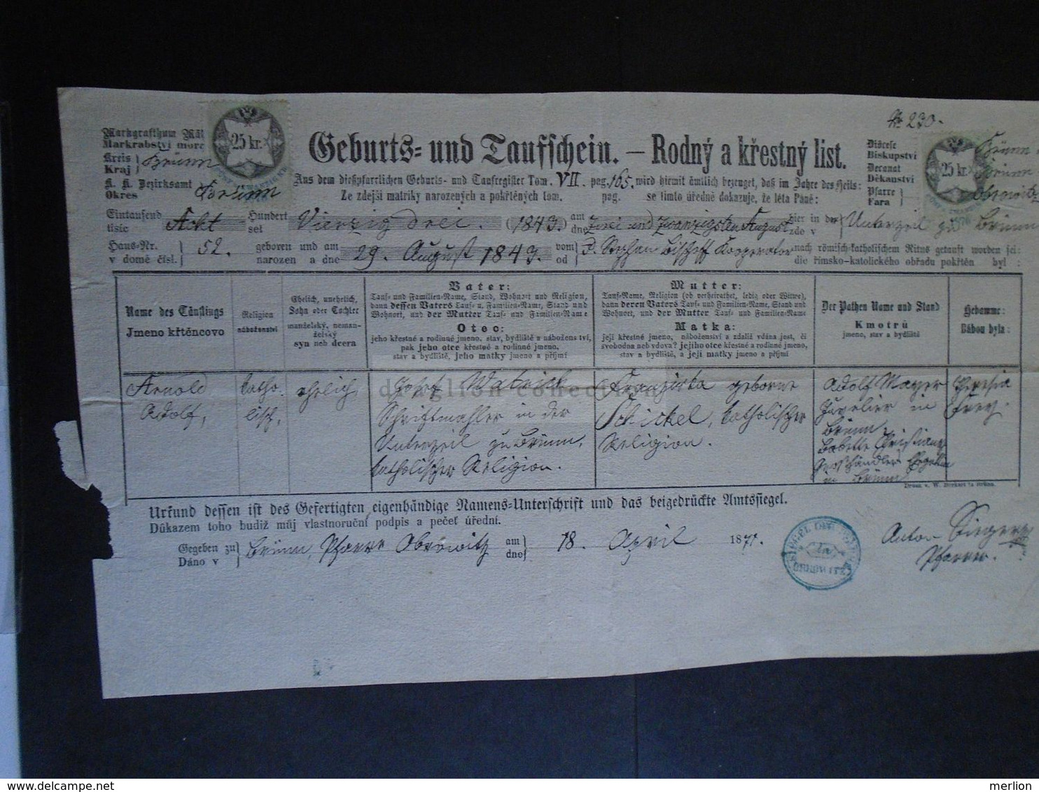 ZA318.1  Old Document -  Czechia  Obrowith Brünn -  Zábrdovice -Brno -  Arnold Adolf WATRICH   1871 - Geboorte & Doop