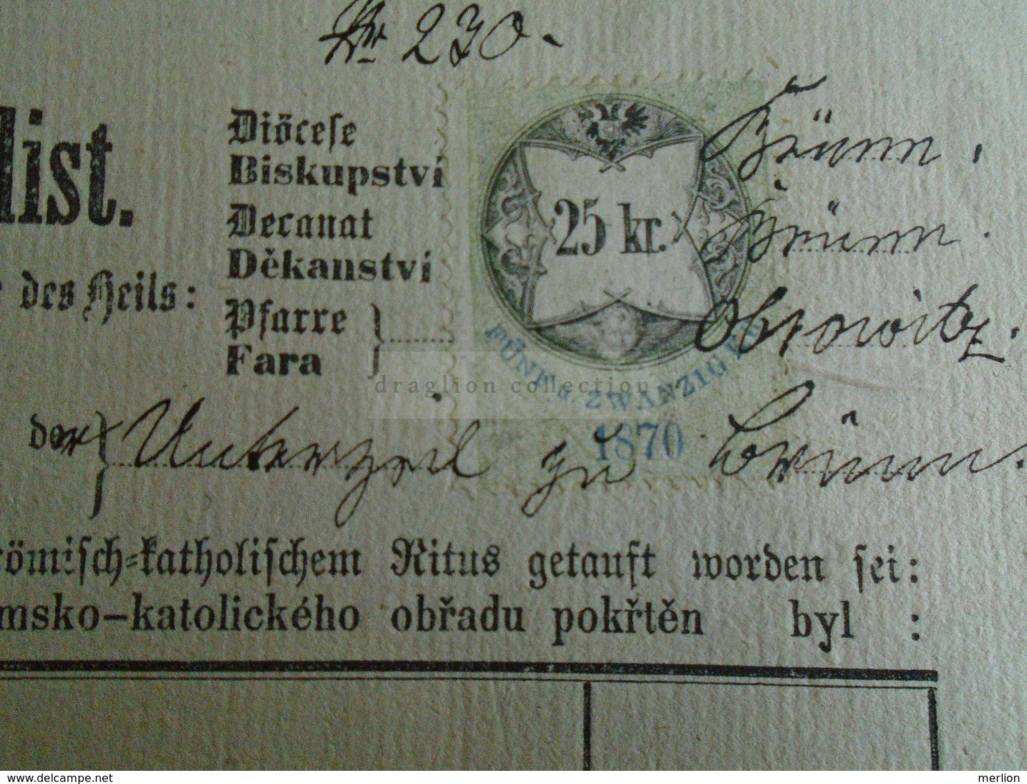 ZA318.1  Old Document -  Czechia  Obrowith Brünn -  Zábrdovice -Brno -  Arnold Adolf WATRICH   1871 - Geboorte & Doop