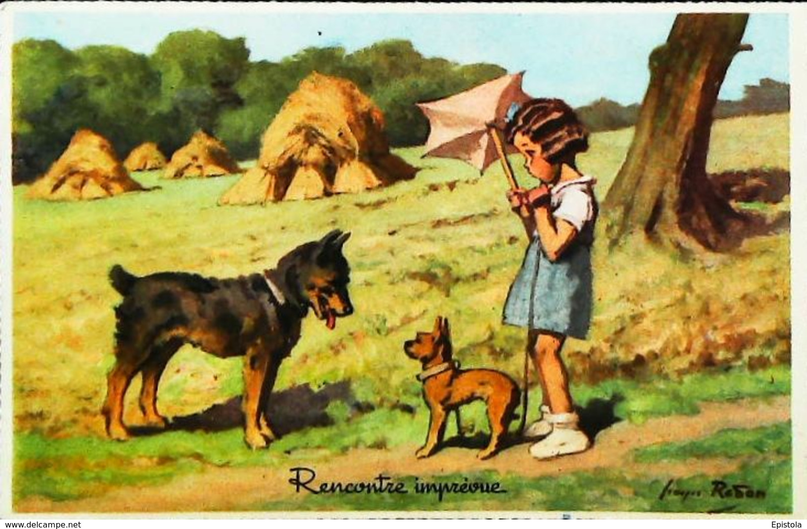 CPA  Illustration Georges  Redon  Rencontre Imprévue   Fillette Parapluie Umbrella  Foin Chien Dog  Série 1939 N°4 - Redon