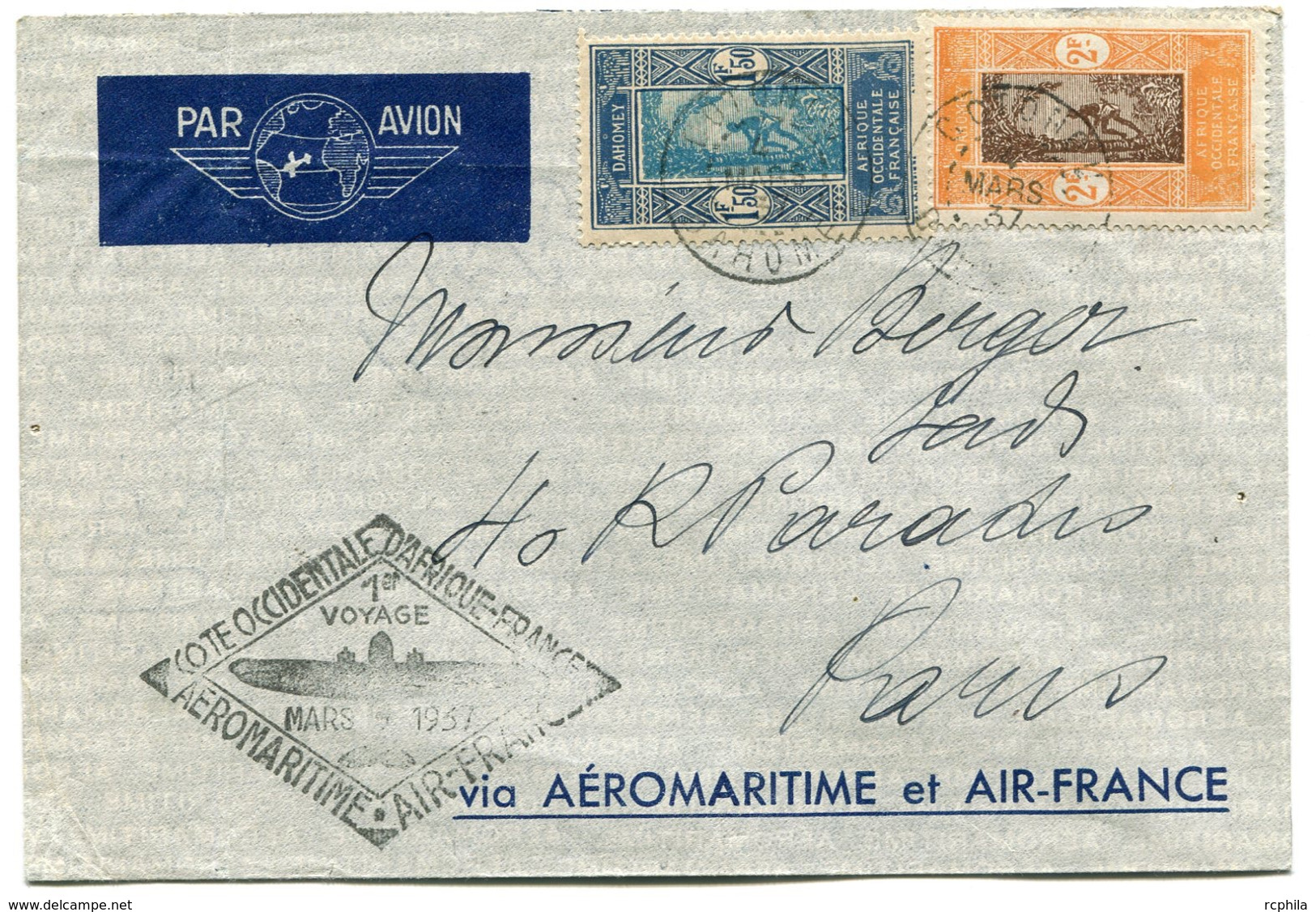 RC 18469 DAHOMEY 1937 LETTRE 1er VOYAGE AIR FRANCE SERVICE AÉRIEN COTE OCC AFRIQUE - FRANCE 1er VOL FFC - TB - Covers & Documents