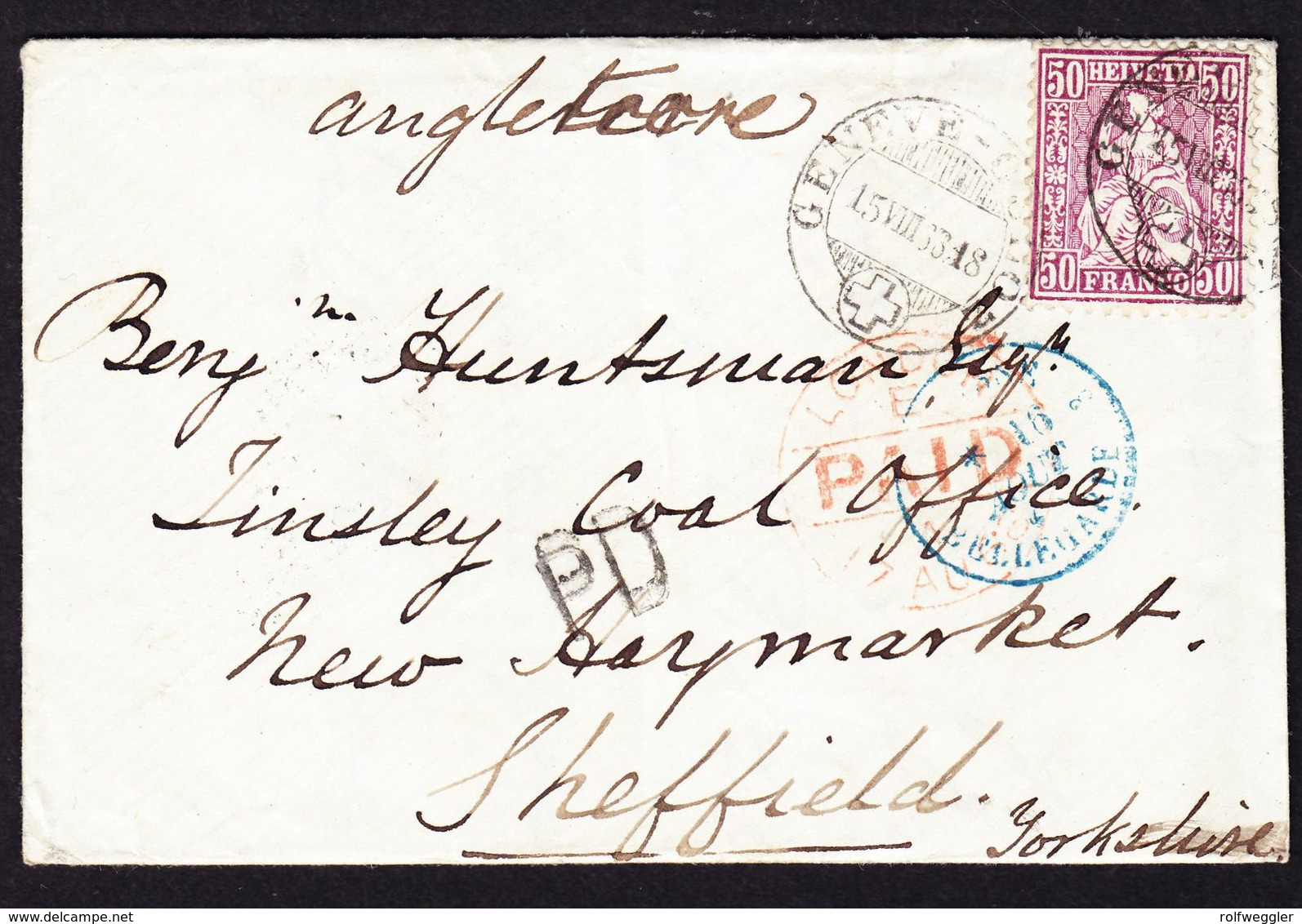 1868 Incoming Mail. 4 Briefe Nach Sheffield. 2 Aus Der Schweiz, 1x Aus Paris Und 1x Aus Beverley Mit - Storia Postale