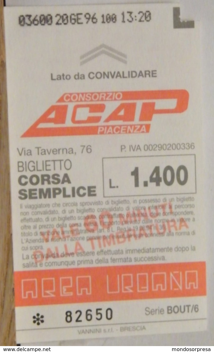 BG62 - BIGLIETTO ACAP LOTTO BOUT/ 6  USATO - CONSORZIO  PIACENZA  ORDINARIO URBANO- RETRO  PUBBLICITÀ' AIDO -  N°82650 - Europe