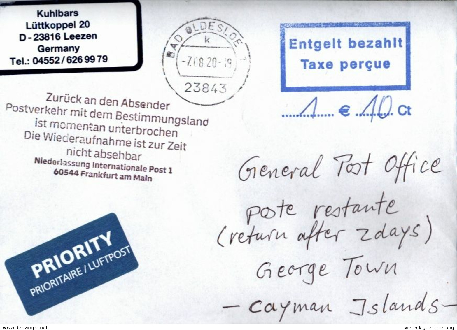 ! 2020 Germany Cover (7.8.) Cayman Islands, Airmail , Interruption Postal Service COVID-19, Antwortschein, Reply Coupon - Maladies