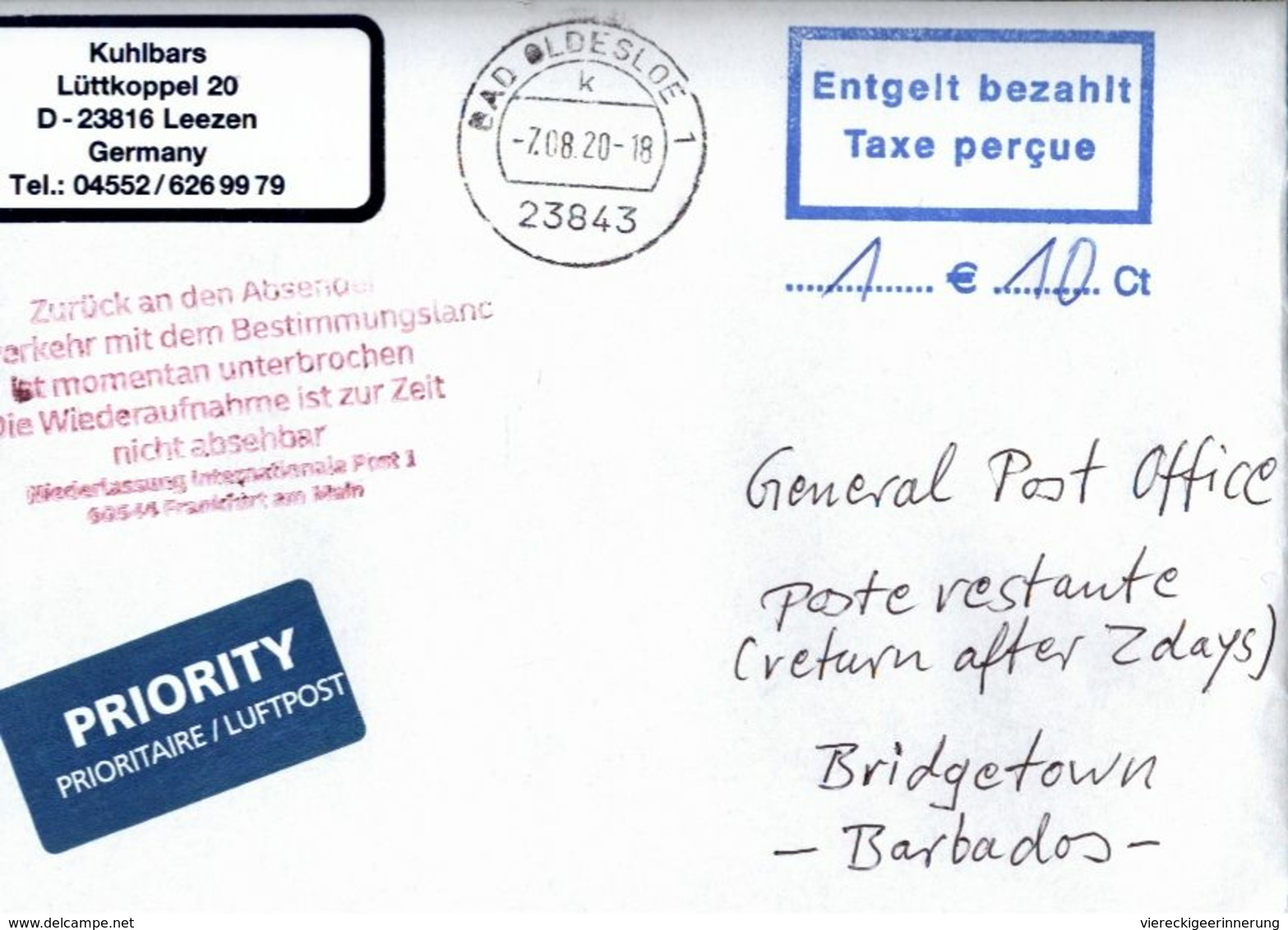 ! 2020 Germany Cover (7.8.) Barbados, Airmail , Interruption Postal Service COVID-19, Antwortschein, Reply Coupon - Krankheiten