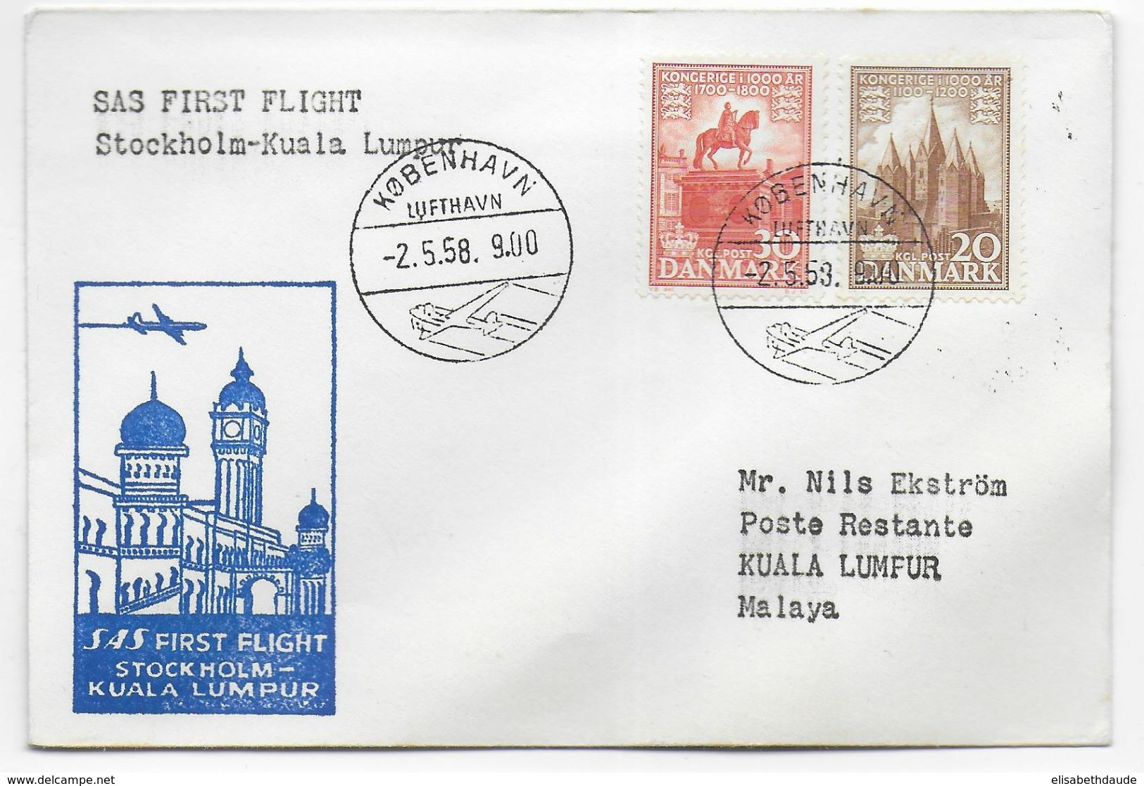 1958 - DANMARK - ENVELOPPE 1° LIAISON AERIENNE SAS De COPENHAGEN => KUALA LAMPUR (MALAYA) - Luftpost