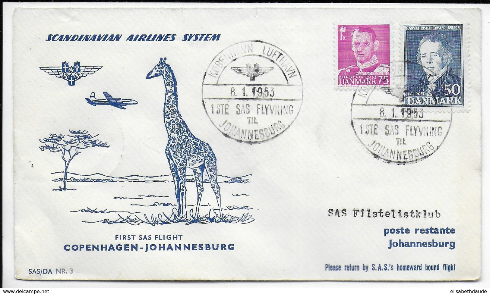 1953 - DANMARK - ENVELOPPE 1° LIAISON AERIENNE SAS De COPENHAGEN => JOHANNESBURG (SOUTH AFRICA) - Luftpost