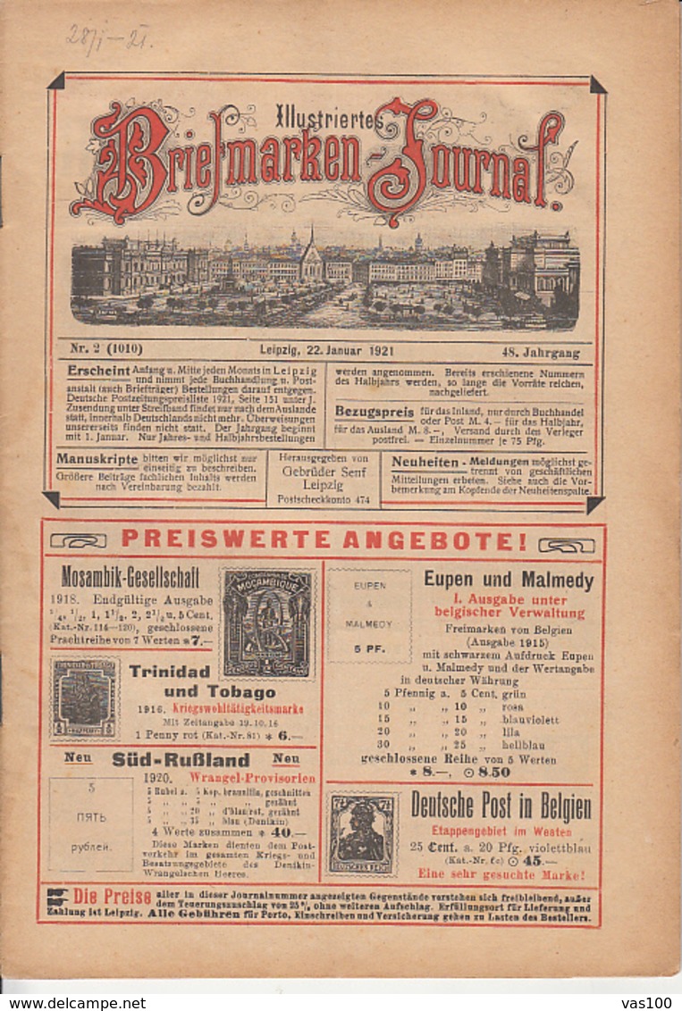 ILLUSTRATED STAMP JOURNAL, ILLUSTRIERTES BRIEFMARKEN JOURNAL, NR 2, LEIPZIG, JANUARY 1921, GERMANY - Allemand (jusque 1940)