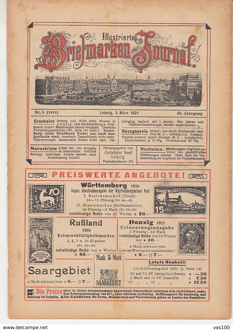 ILLUSTRATED STAMP JOURNAL, ILLUSTRIERTES BRIEFMARKEN JOURNAL, NR 5, LEIPZIG, MARCH 1921, GERMANY - German (until 1940)