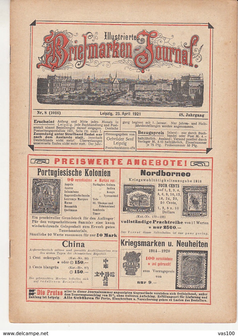 ILLUSTRATED STAMP JOURNAL, ILLUSTRIERTES BRIEFMARKEN JOURNAL, NR 8, LEIPZIG, APRIL 1921, GERMANY - Alemán (hasta 1940)