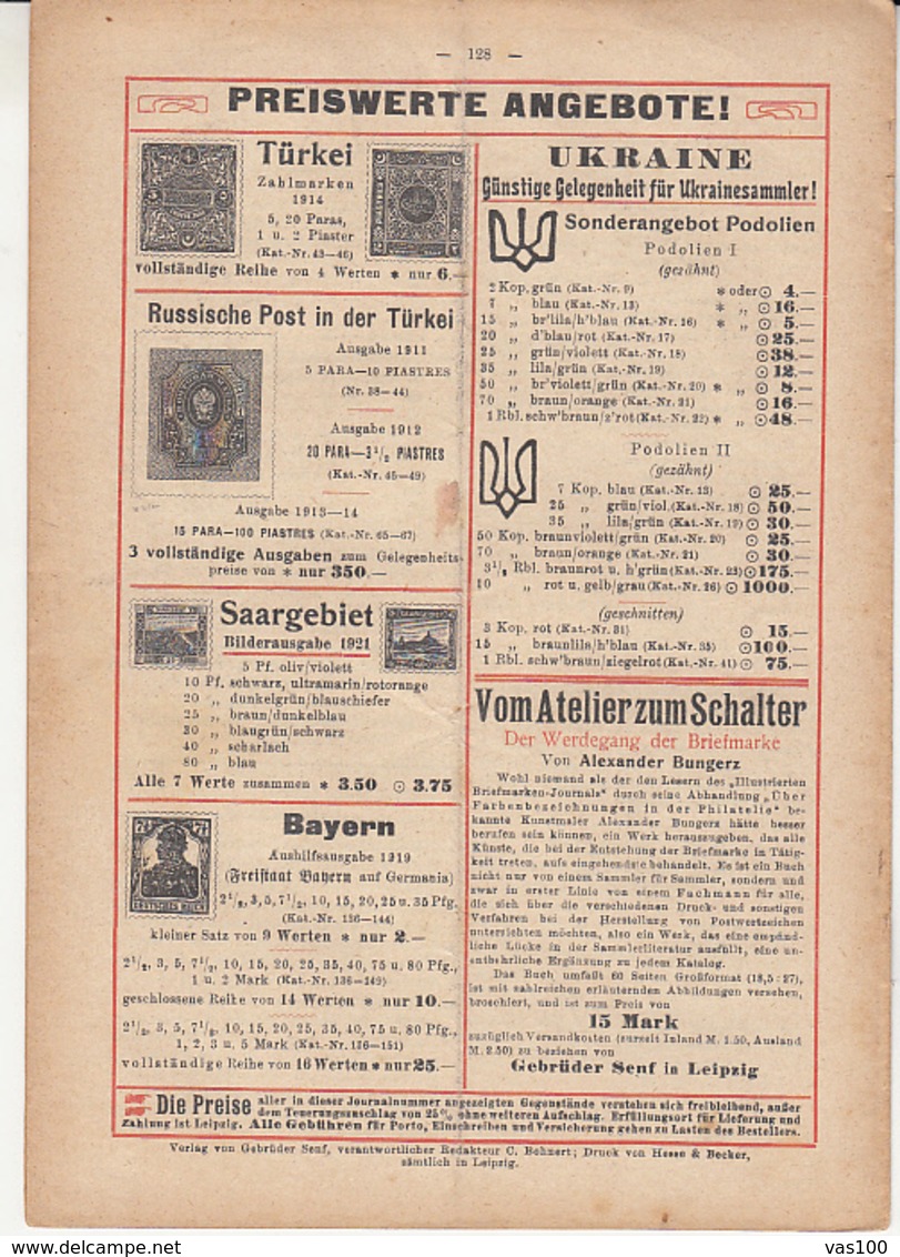 ILLUSTRATED STAMP JOURNAL, ILLUSTRIERTES BRIEFMARKEN JOURNAL, NR 8, LEIPZIG, APRIL 1921, GERMANY - Tedesche (prima Del 1940)